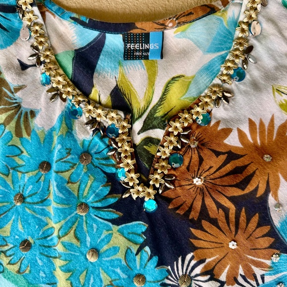 Feelings, Tropical Floral Print Beaded Flowy Maxi Dress, Boho, O/S - Picture 8 of 8